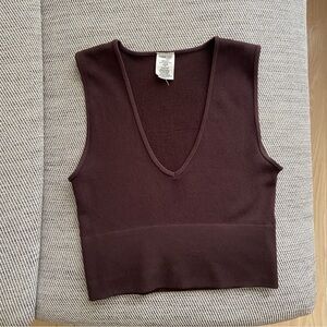 C’est Moi Bamboo The Val Crop Top in Dark Brown size Small Medium Ribbed Deep V